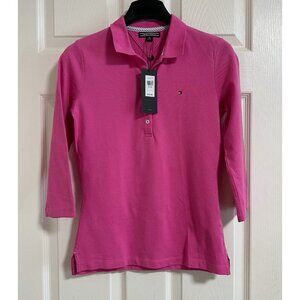 Tommy Hilfiger 3/4 sleeve polo shirt embroidered logo in pink, NWT!